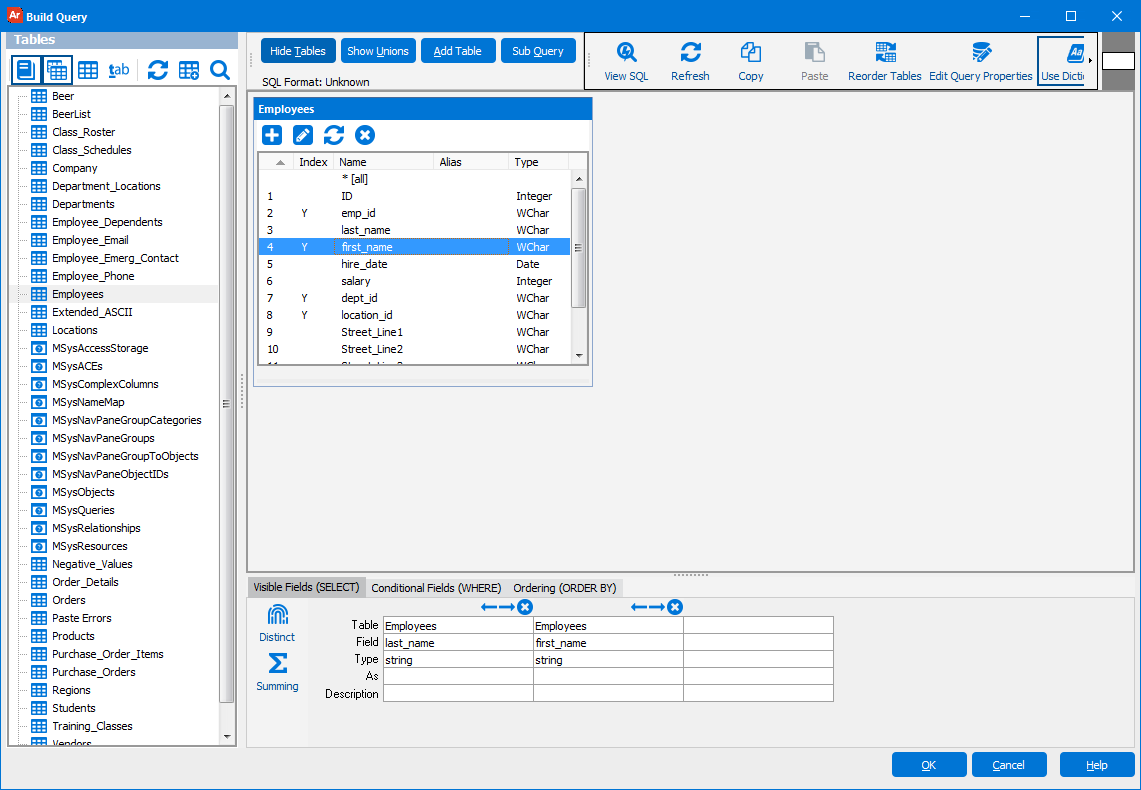 The Build Query dialog box, which now contains the Employees table.  The last name and first name database fields are chosen to be included in the DataBlock and are displayed.